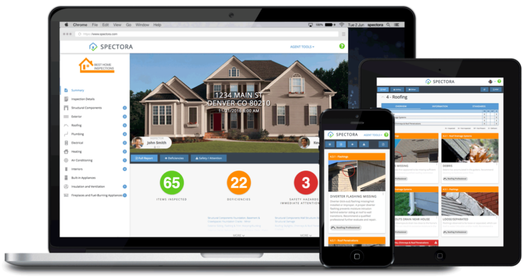 Spectora home inspection report viewed on desktop, tablet, and phone.